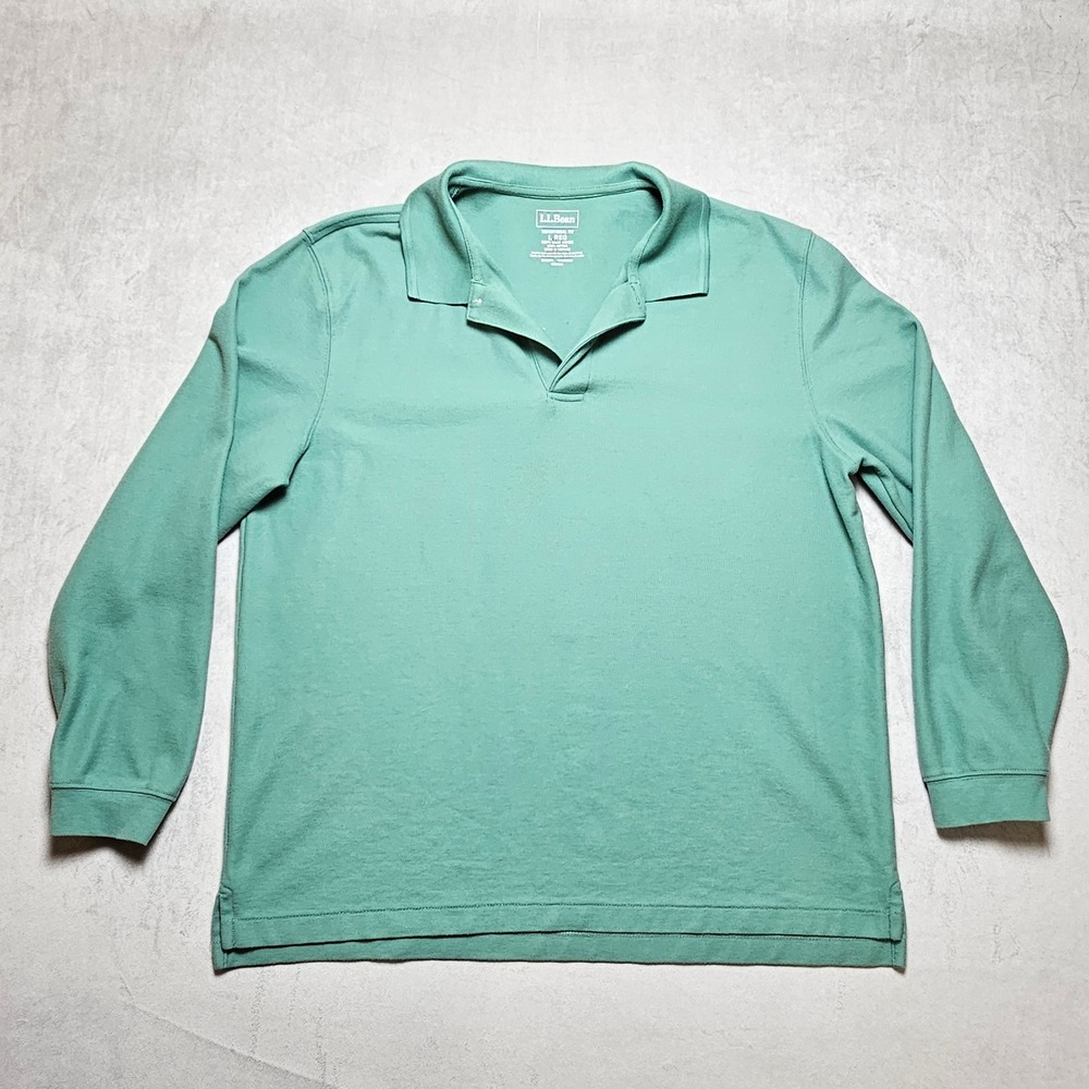 LL Bean Mens Long Sleeve Polo Shirt Seafoam Green Pique Cotton L REG Traditional